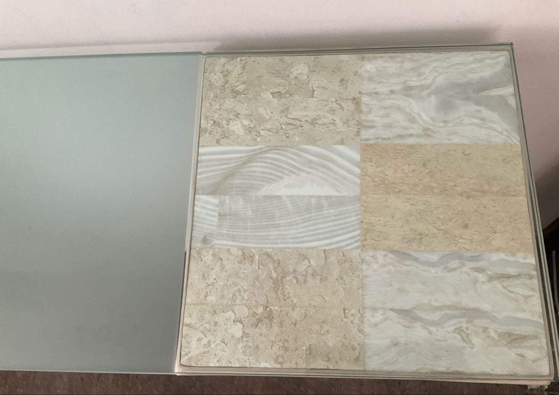 Console vintage en travertin, bois et verre
