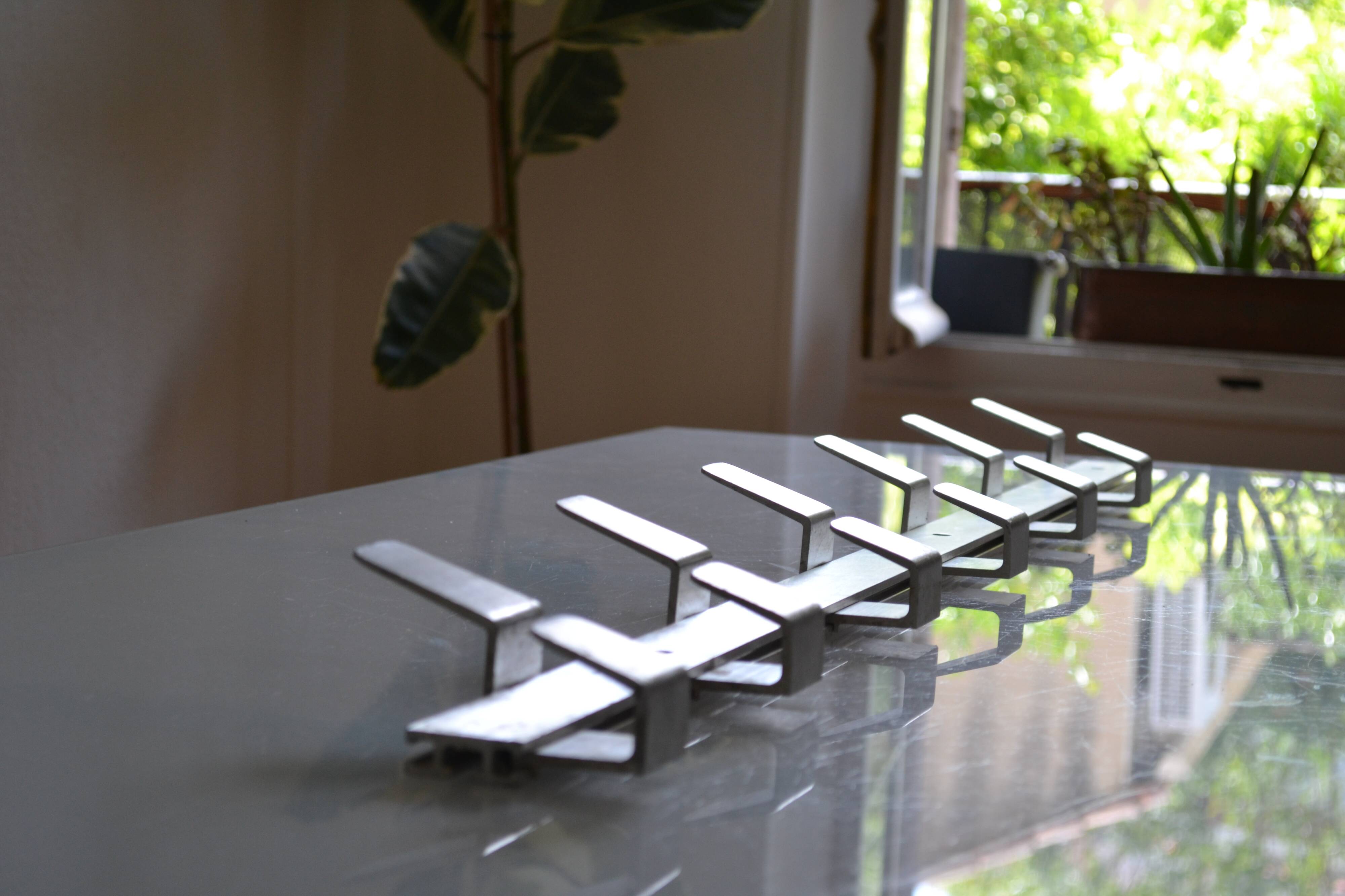 Vintage 70s brushed aluminum metal 12-hook wall coat rack