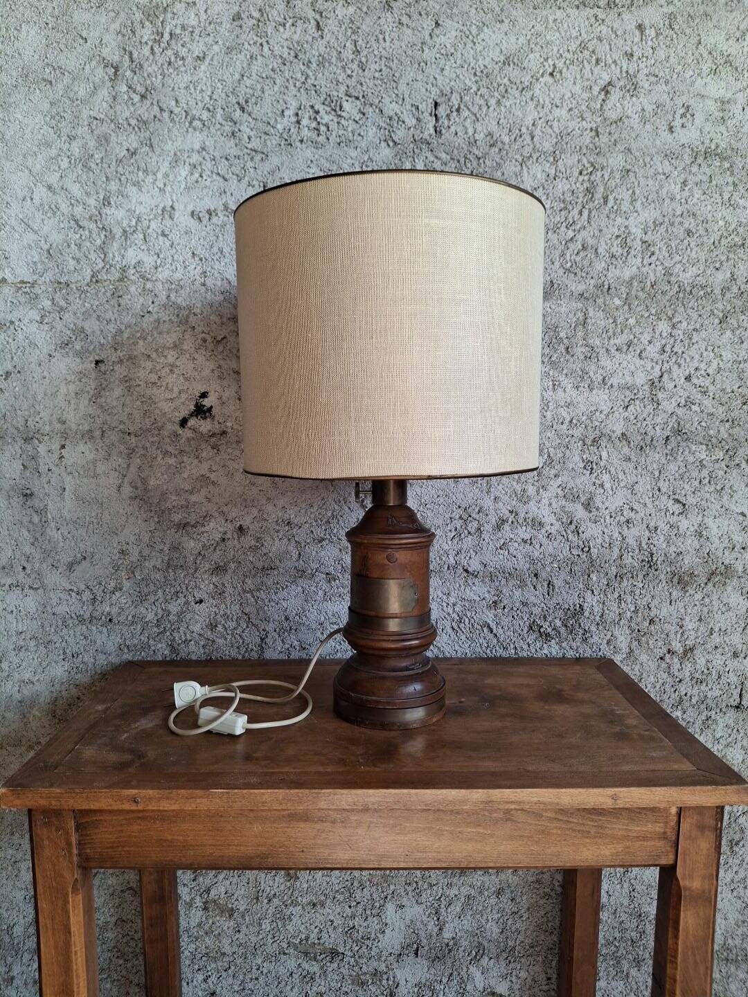 Antique turned wood lamp with engraved brass, Royal Adelaide.