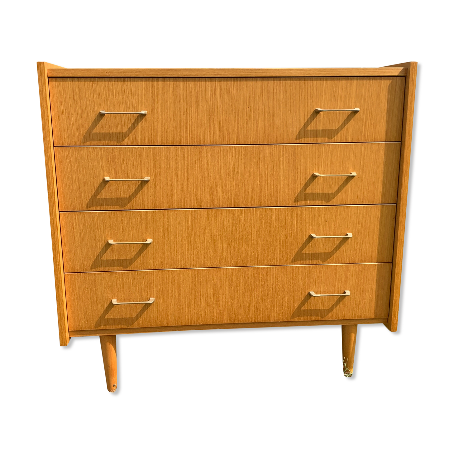 Commode 4 tiroirs vintage en aggloméré plaqué véritable bois