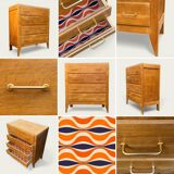 Vintage chest of drawers with tapered legs, solid raw oak, 1960.