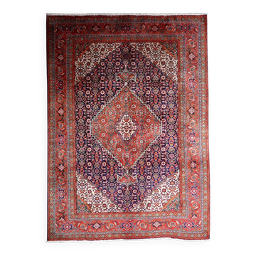 Tapis médaillon en laine vintage des années 1940, rouge et marine, 206 × 320 cm