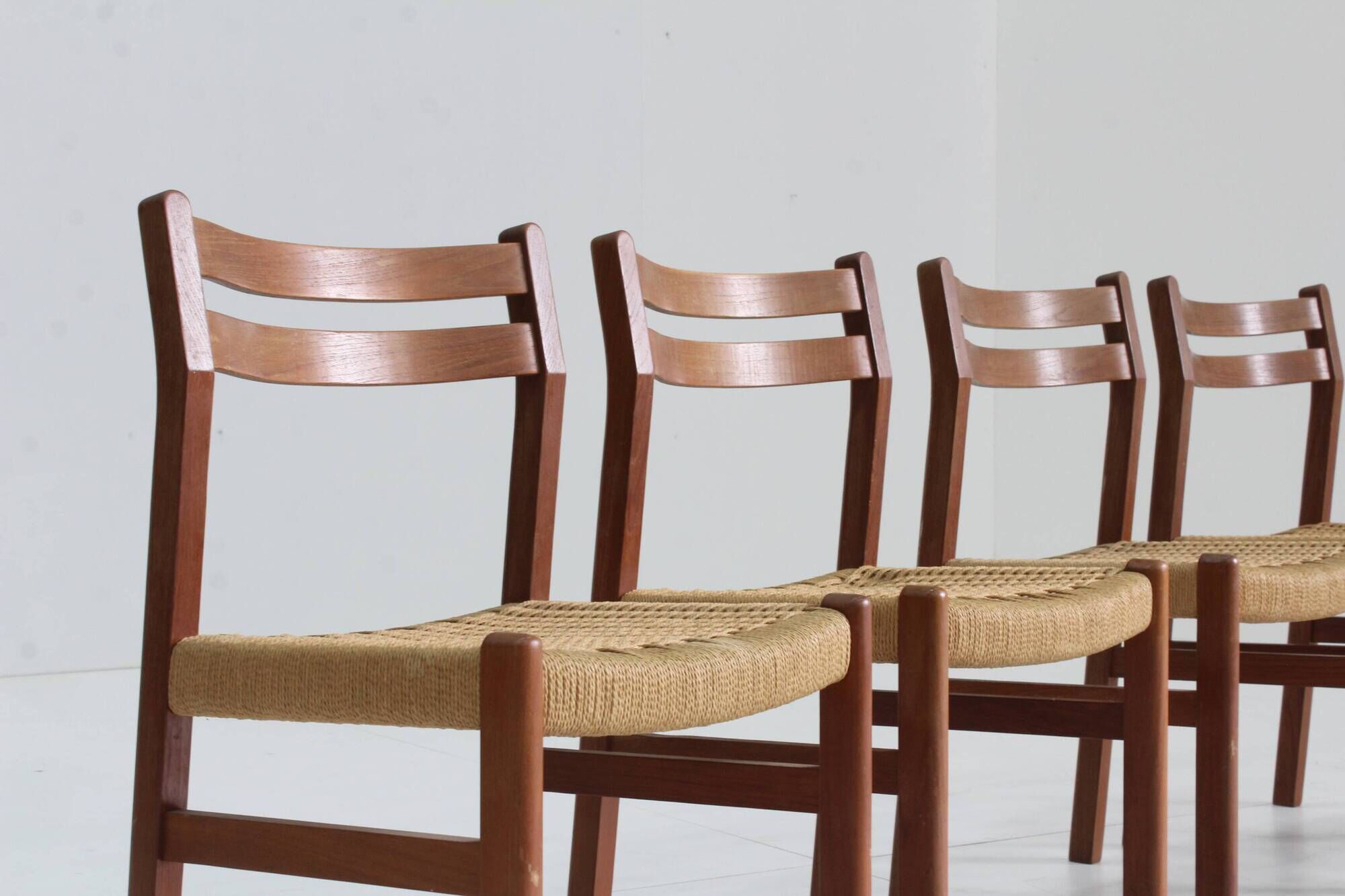 Mid Century Danish teak and paper cord dining chairs 1960s , set of 4