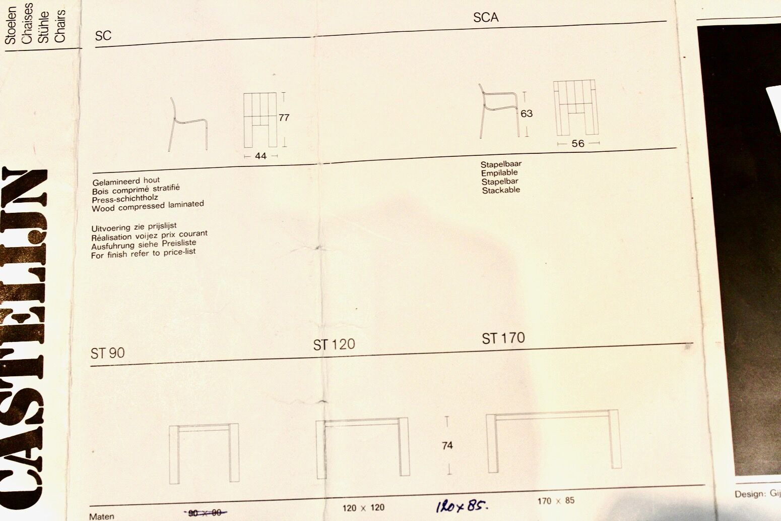 Set of four Strip dining chairs with dark brown ash armrests by Gijs Bakker for Castelijn