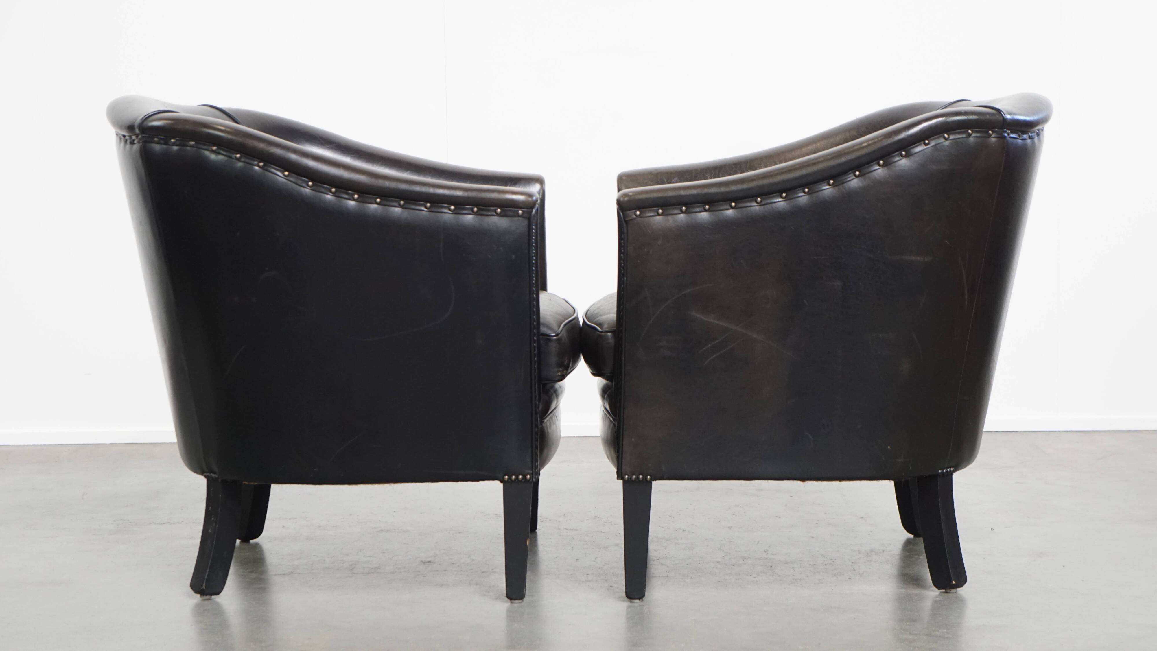 Set of 2  black/grey sheepskin leather club chairs