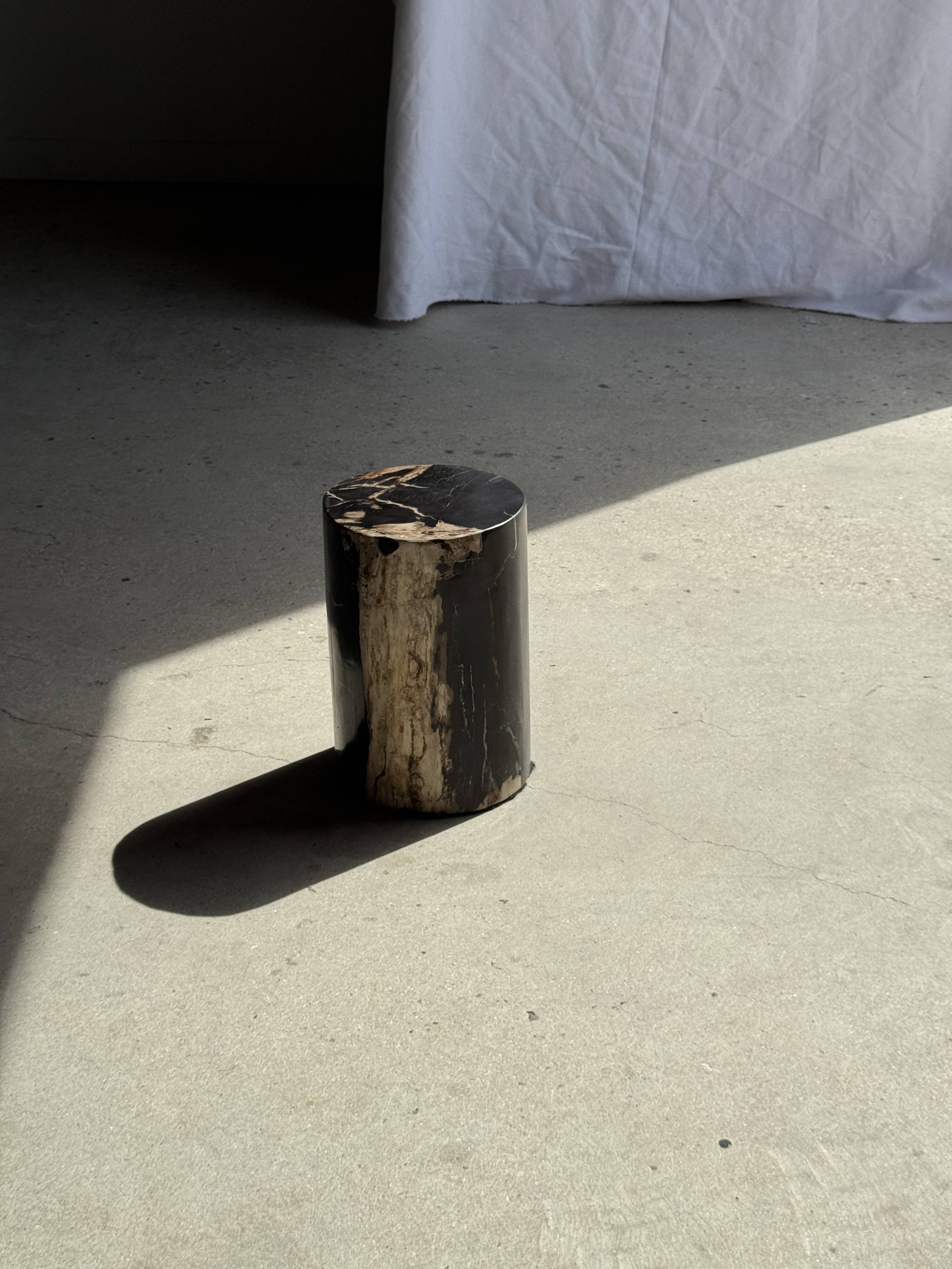 Small side table in black petrified wood with stripes and beige sides H28 D18.