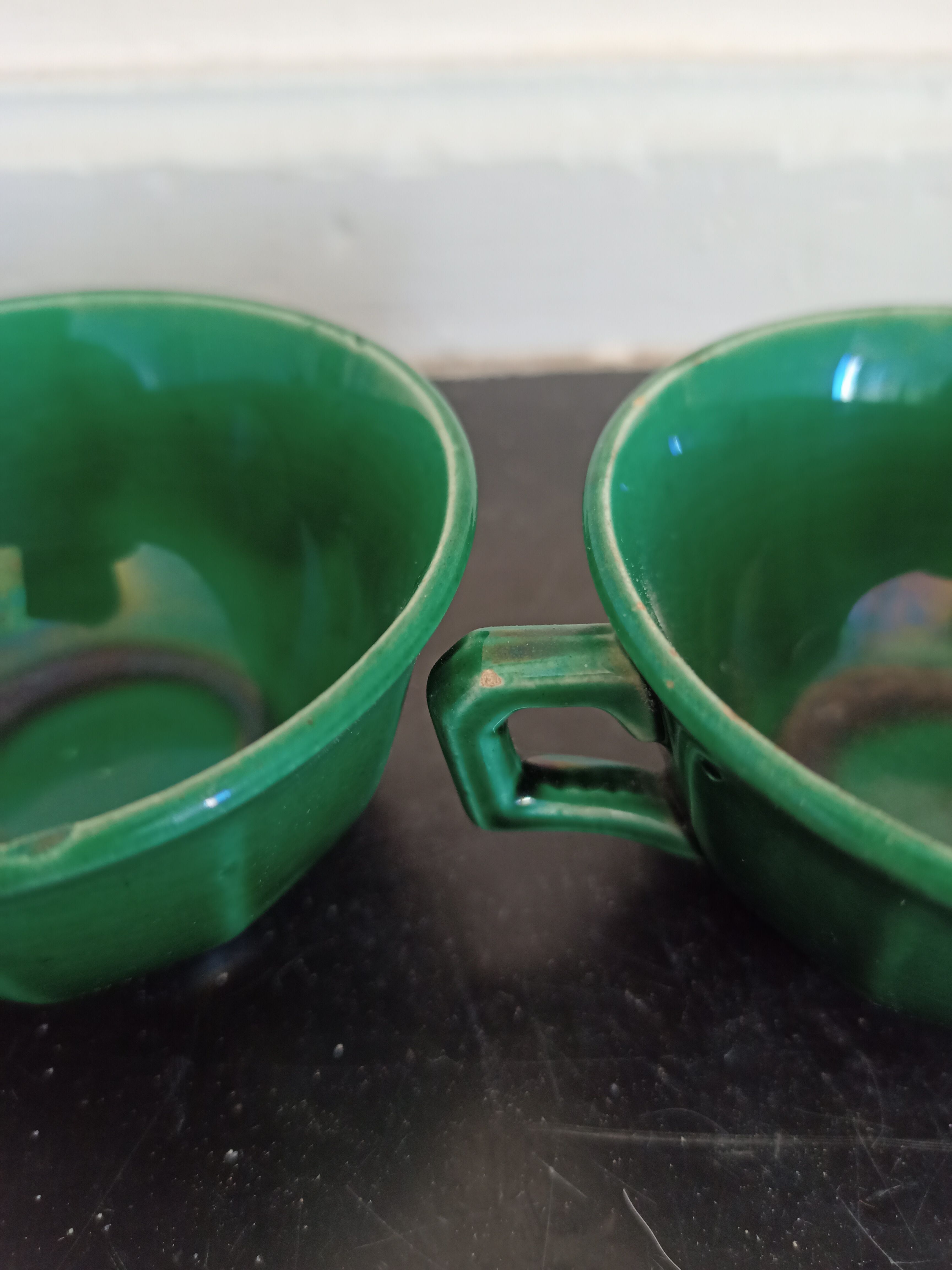 Pair of green ceramic cups K G Lunéville antique