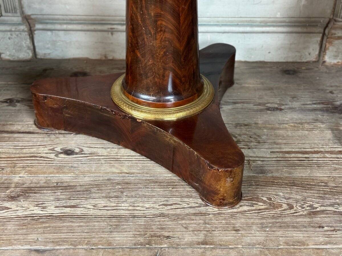 Empire style pedestal table in mahogany, gilt bronze, grey Saint Anne marble top, circa 1800