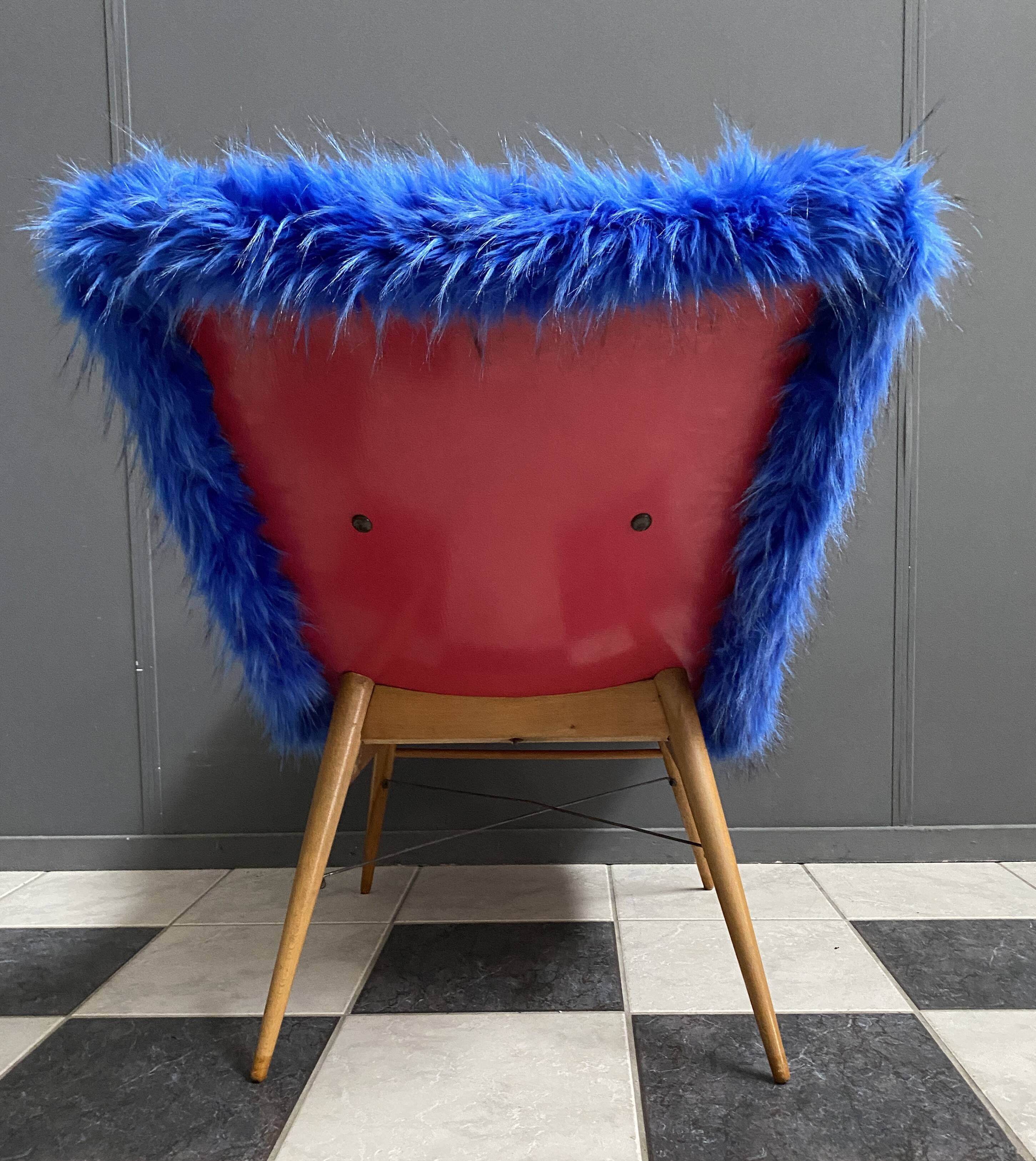 iconic Miroslav Navratil chair blue fluffy fabric for Český Nábytek 1960s