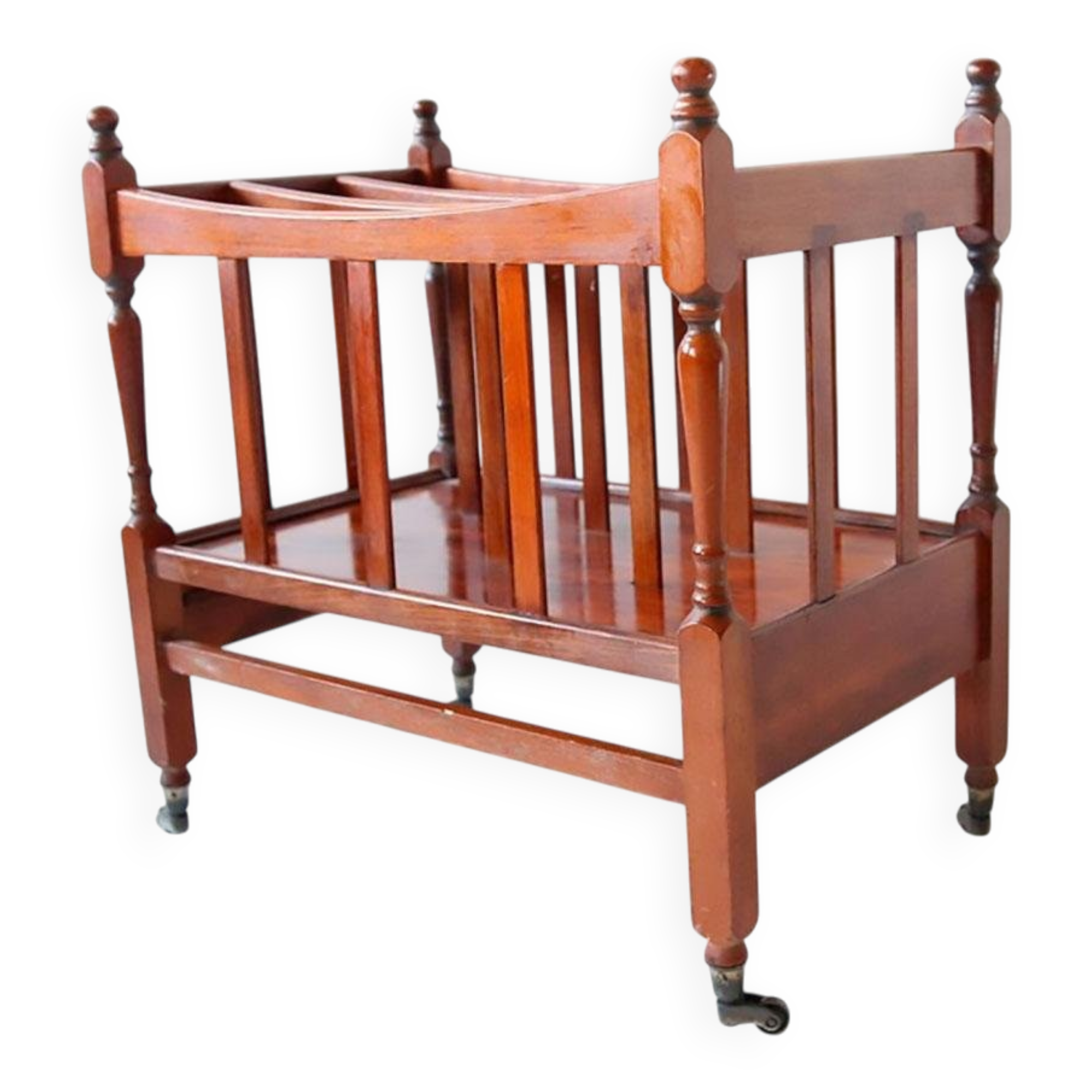 Vintage brown wooden magazine rack on wheels, Mid-Century design (1970s)