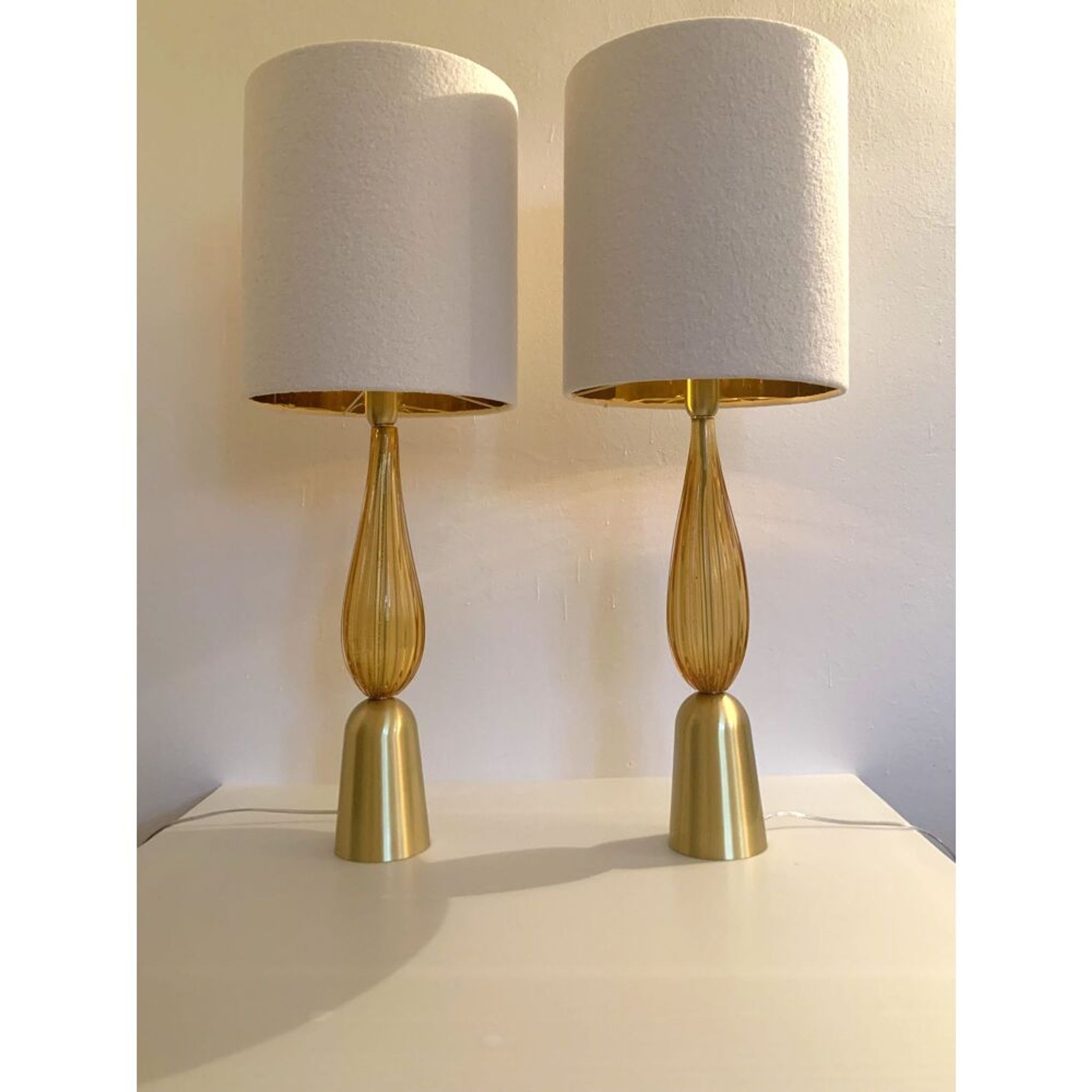 Amber and gold murano glass table lamps with bouclé lampshde