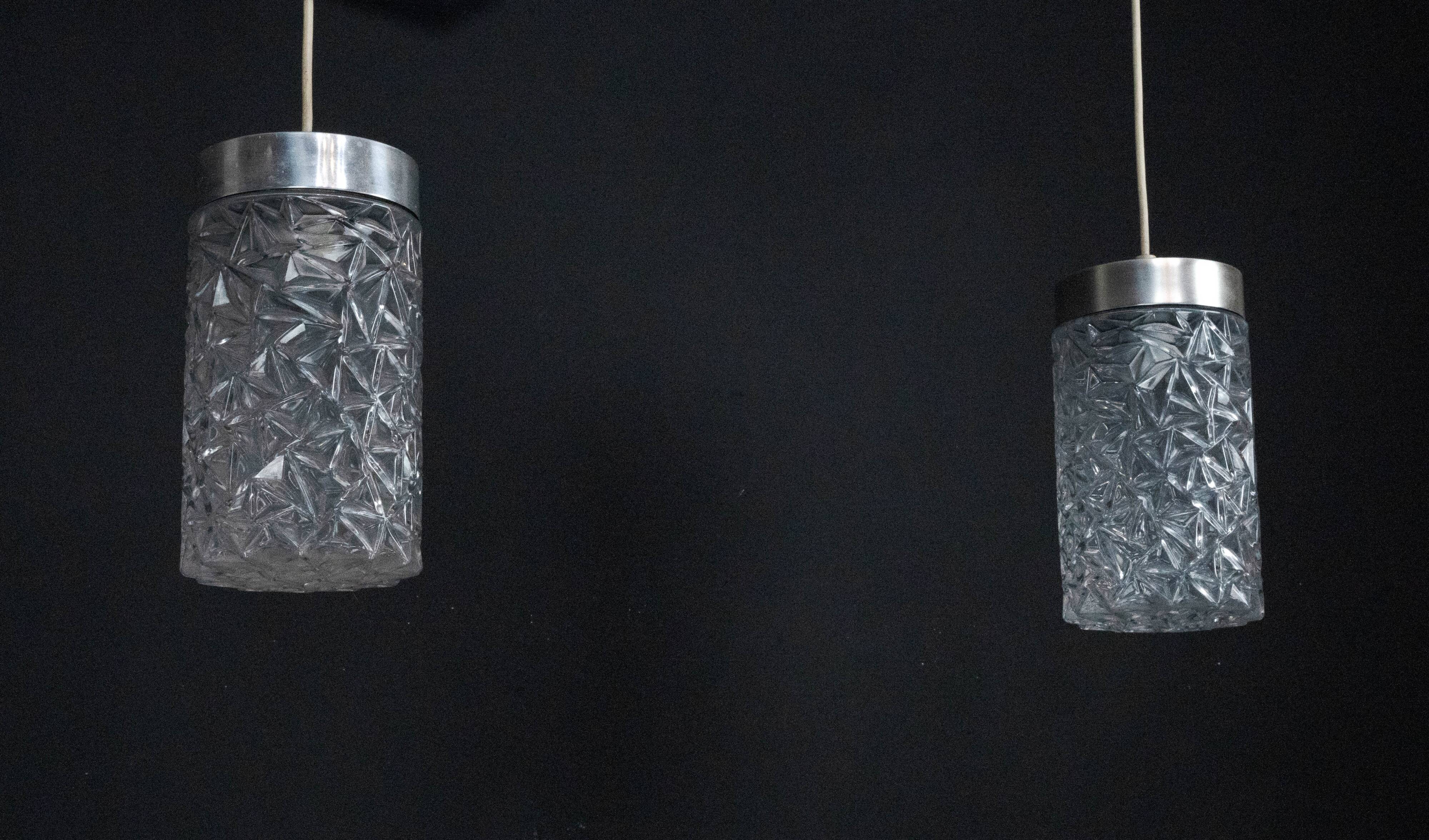 Pair of Italian Pendant Lights in Glass and Polished Aluminum, 1970s