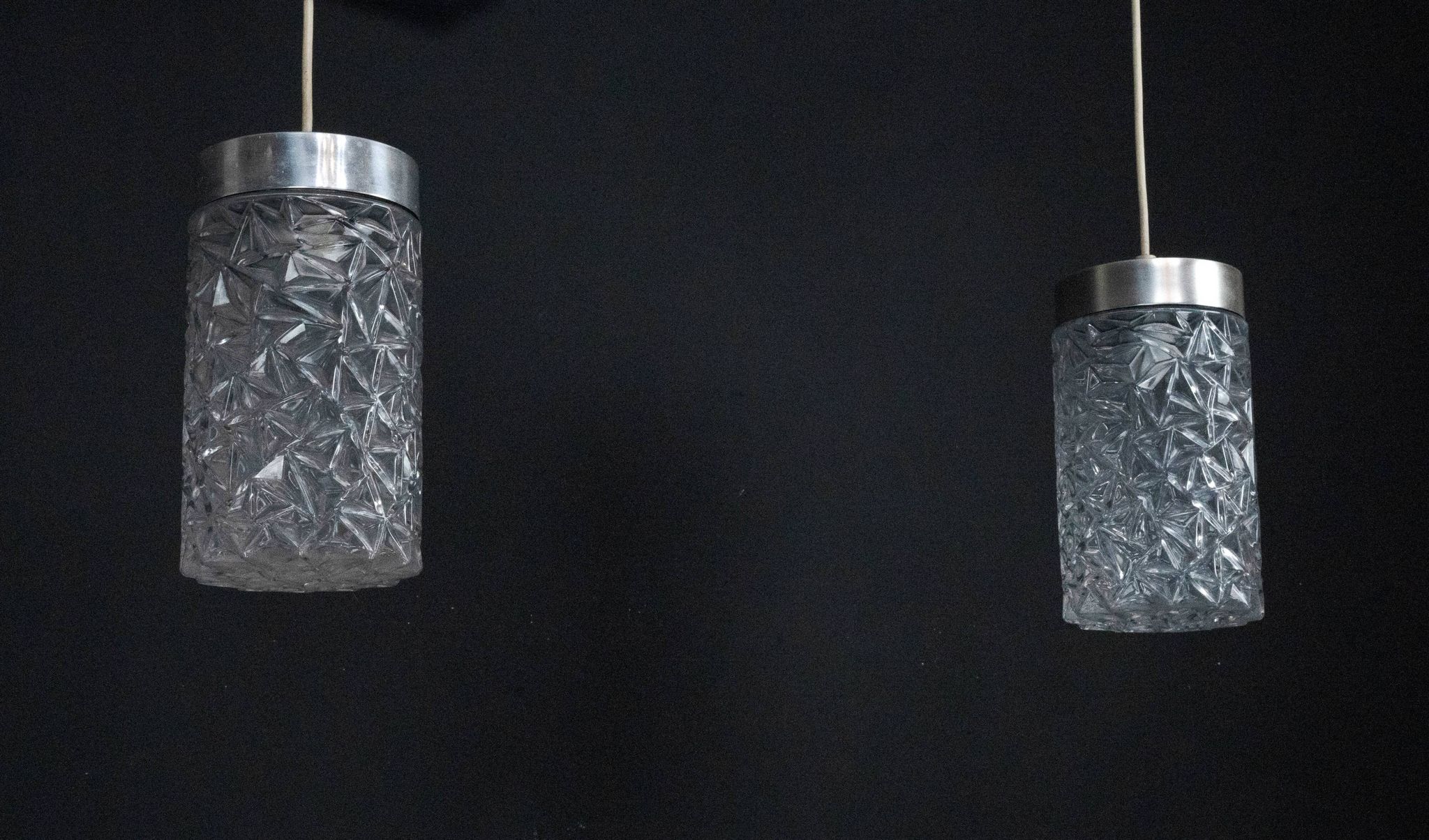 Pair of Italian Pendant Lights in Glass and Polished Aluminum, 1970s