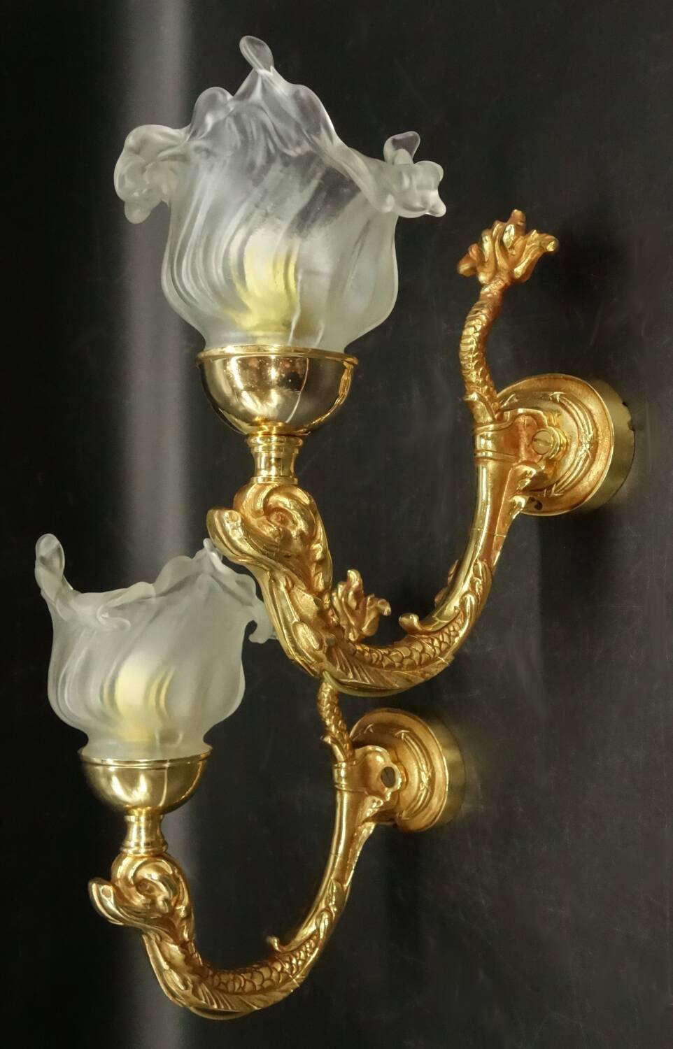 Pair of dolphin wall sconces in Louis XVI style - gilded bronze