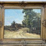 Paysage alpin avec village de montagne, Début du XXe siècle, Huile sur carton, Encadré
