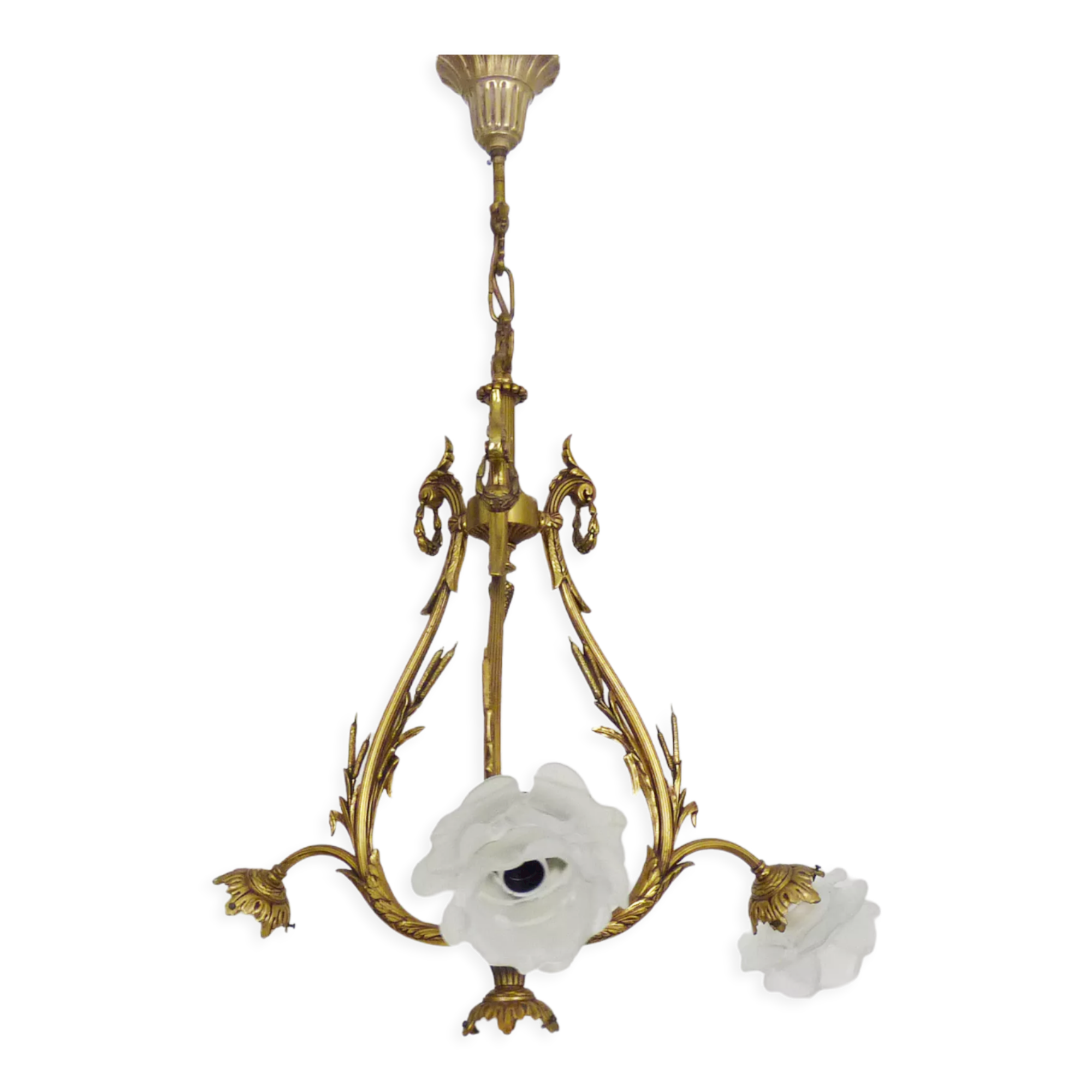 Bronze chandelier with 4-burner glass tulips, chandelier 70s