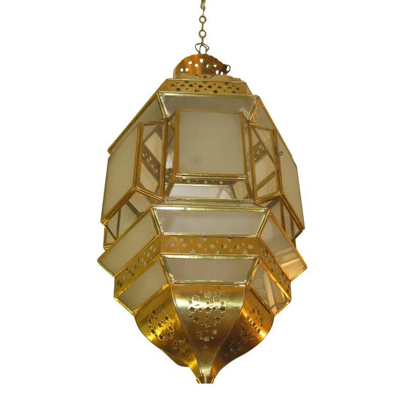 Traditional Moroccan hanging lantern in glass and metal.