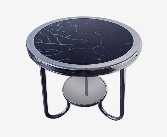 Art deco two-tier tubular steel occasional table with 2 black marbled glass  table tops | Selency