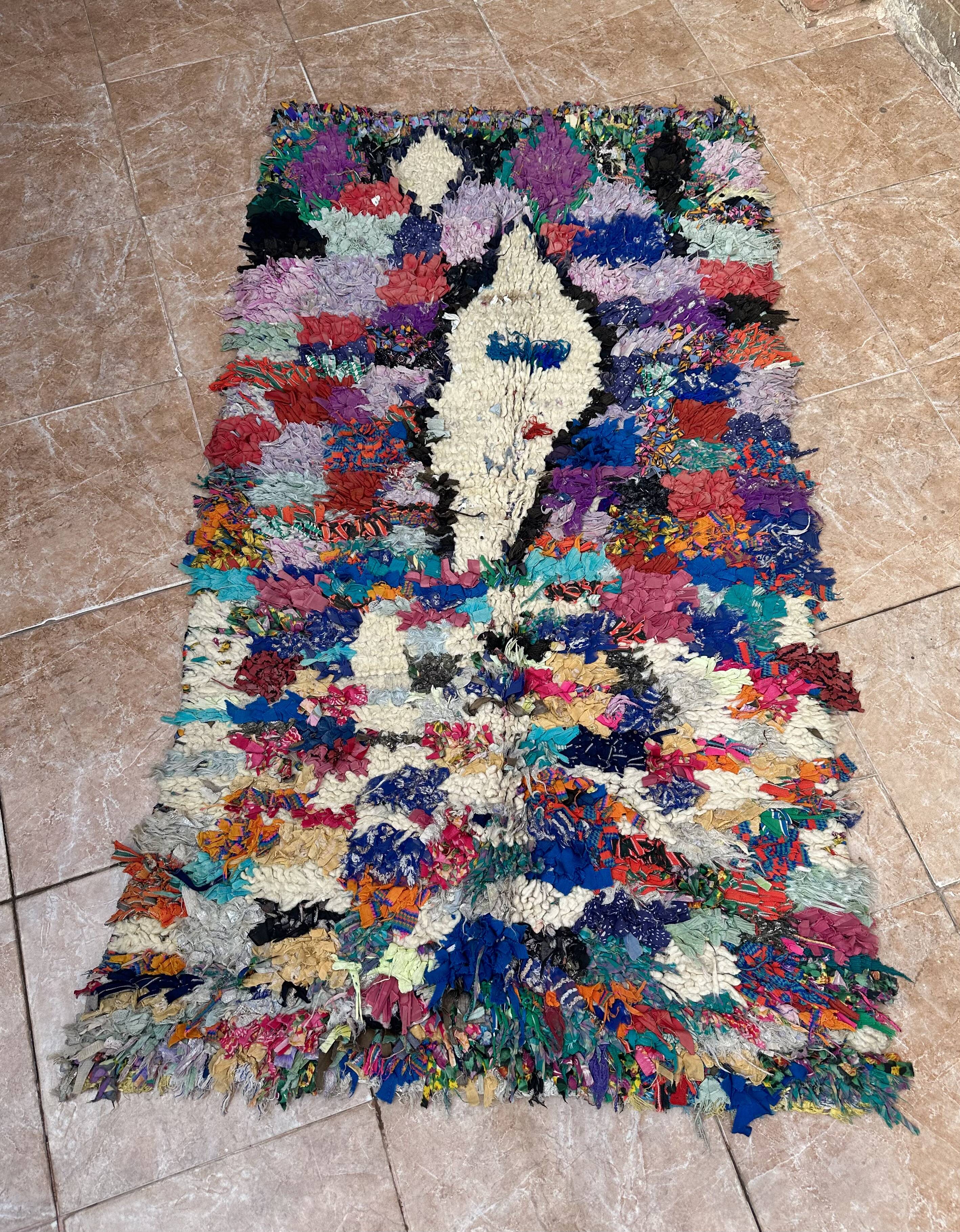 Vintage Moroccan Boucherouite rug: small abstract rug