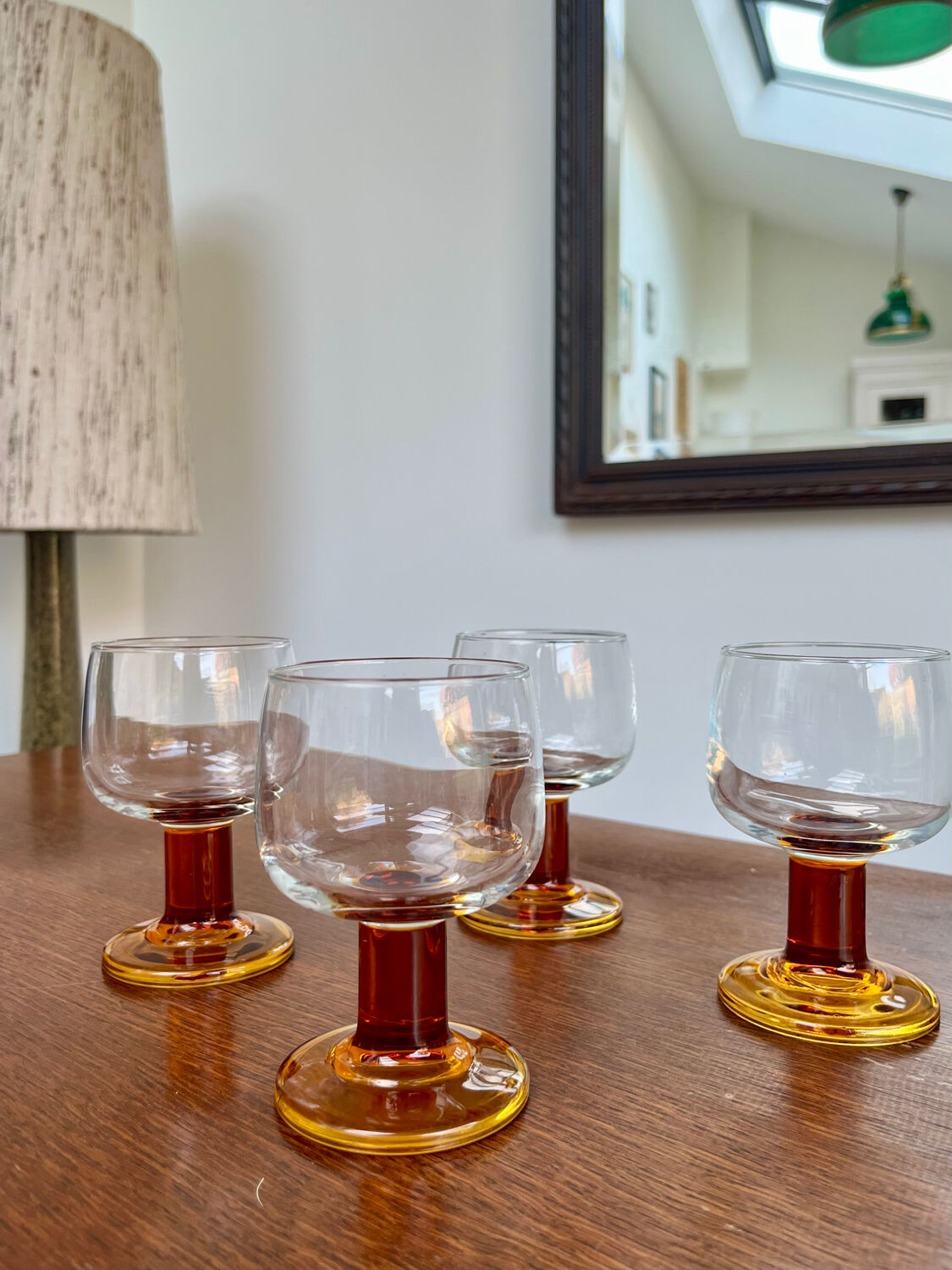 Set of 4 vintage amber stemmed glasses – 1970s
