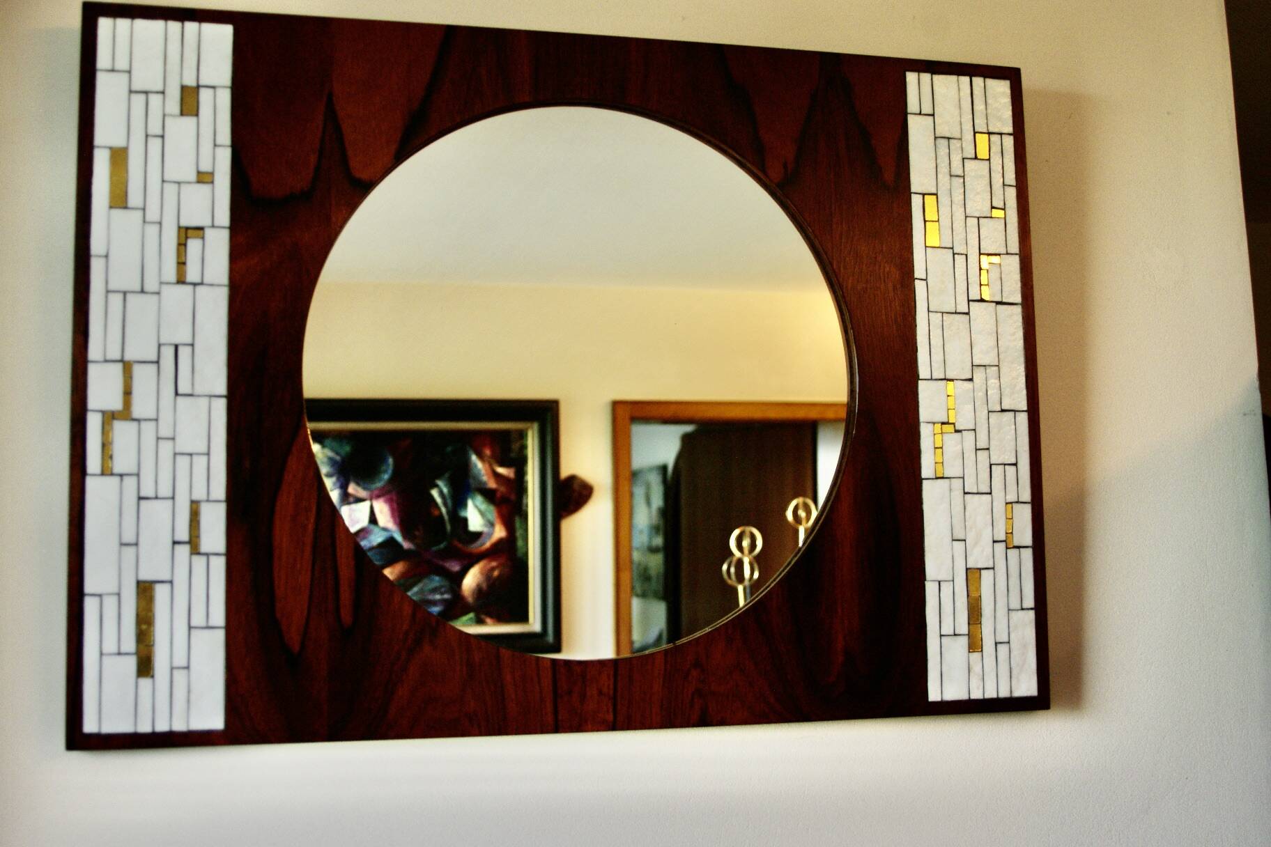 Vintage rosewood and ceramic mirror by berthold muller 1950