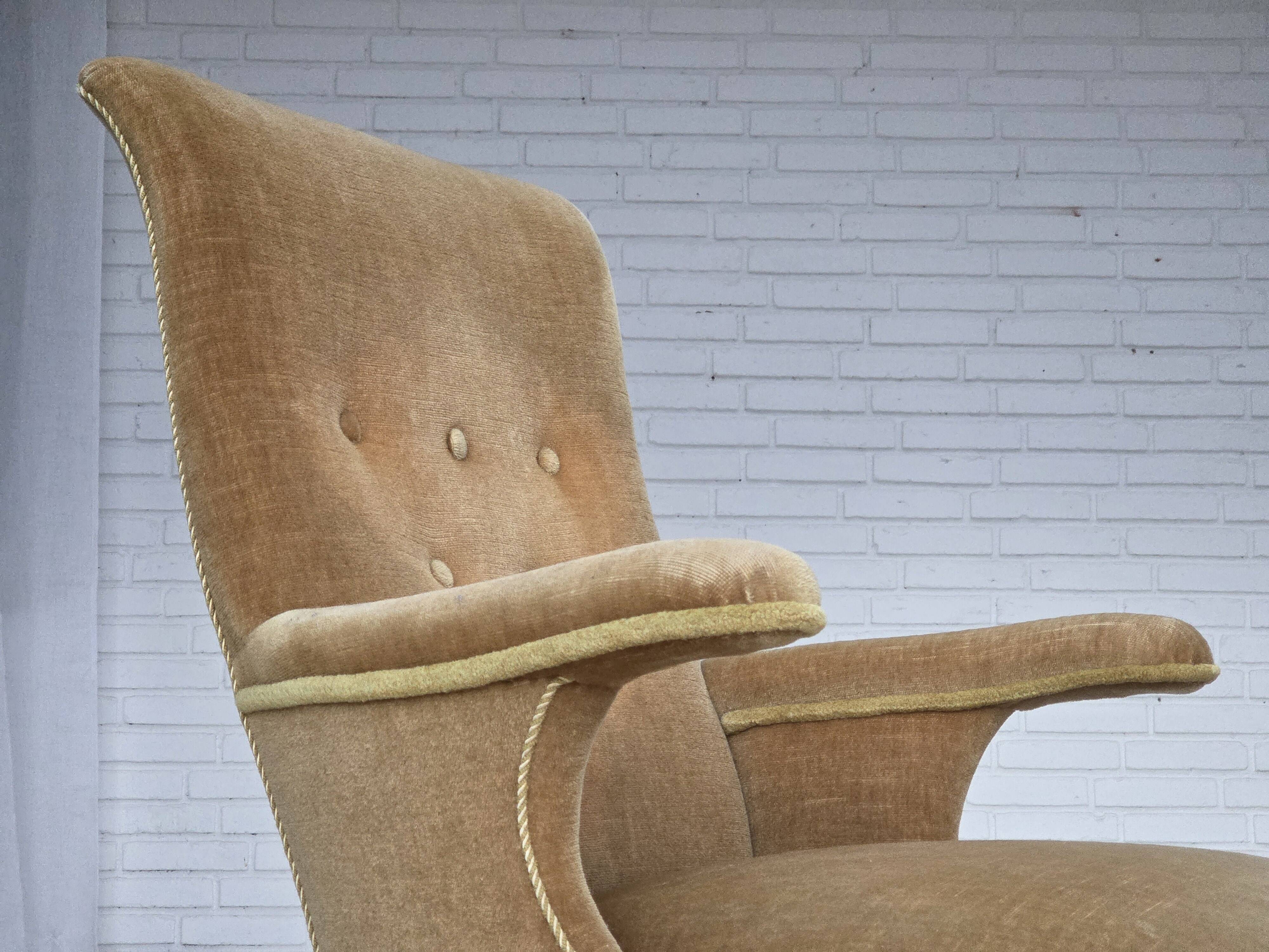 1950s, Danish armchair, furniture velour, ash wood legs.