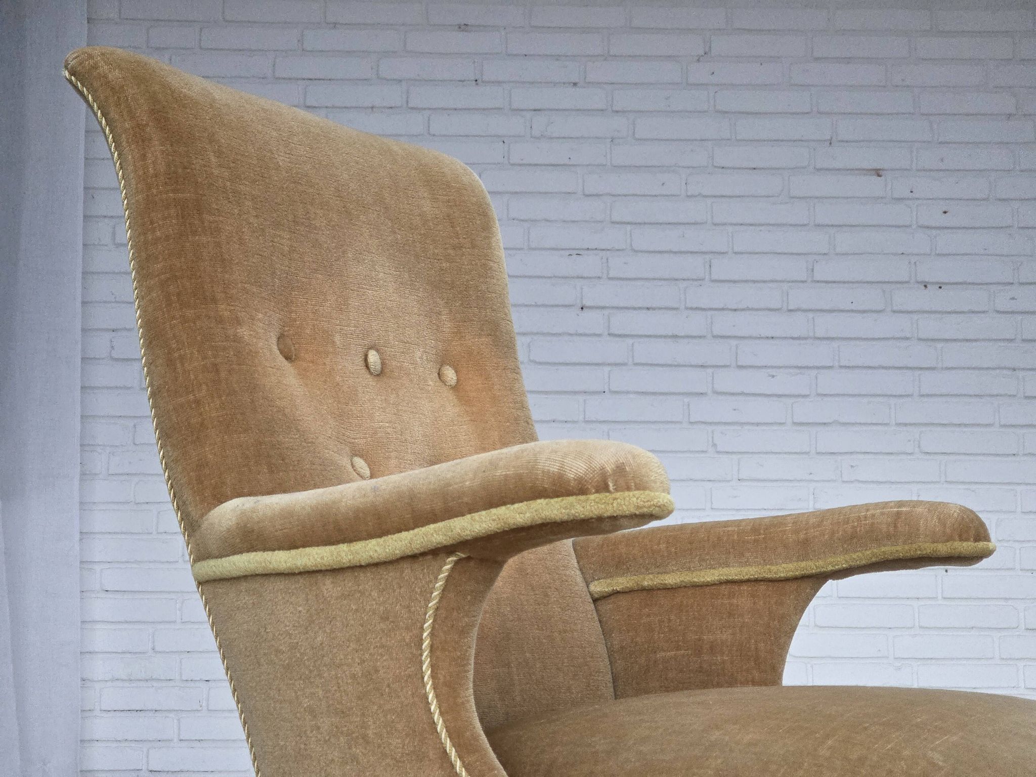 1950s, Danish armchair, furniture velour, ash wood legs.