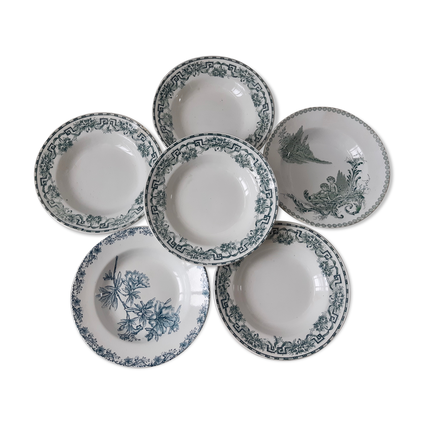 Set of 6 mismatched hollow plates St Amand