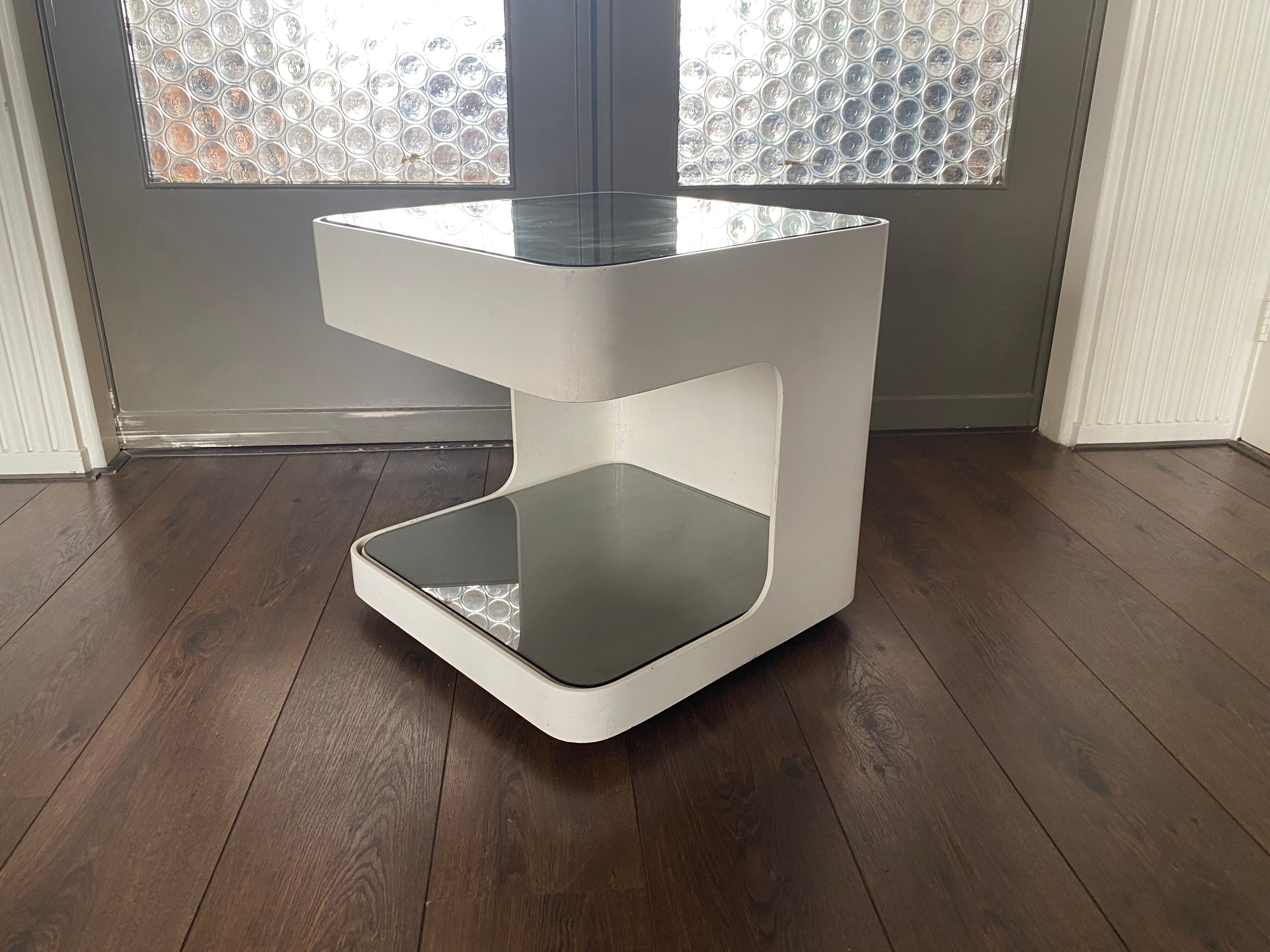 Table d’appoint space age en contreplaqué et verre, années 1970