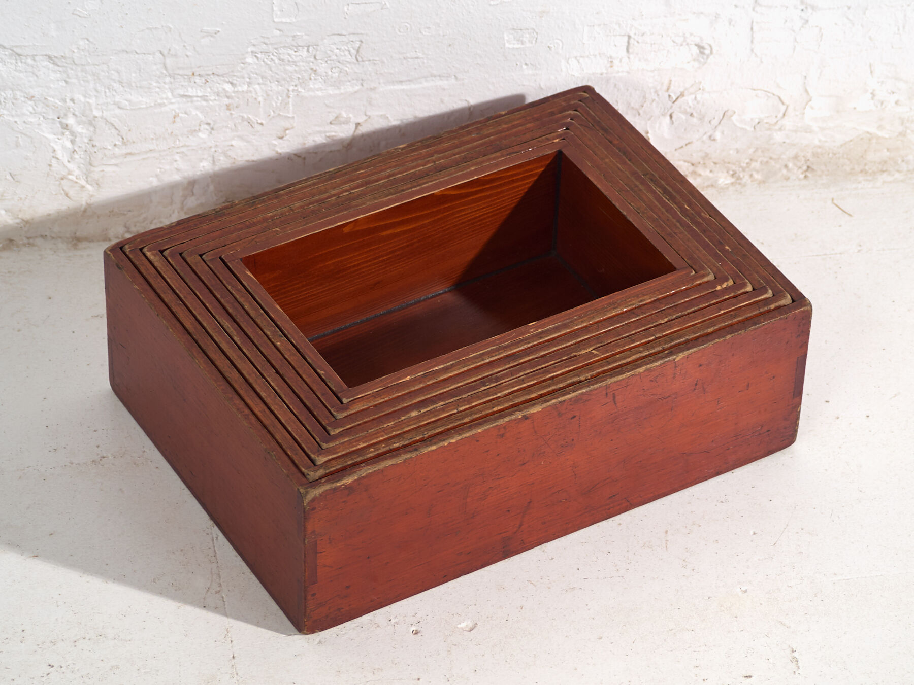 Stackable antique Japanese wooden boxes – set of 7 – Taishō–Shōwa period (c. 1920–1950)