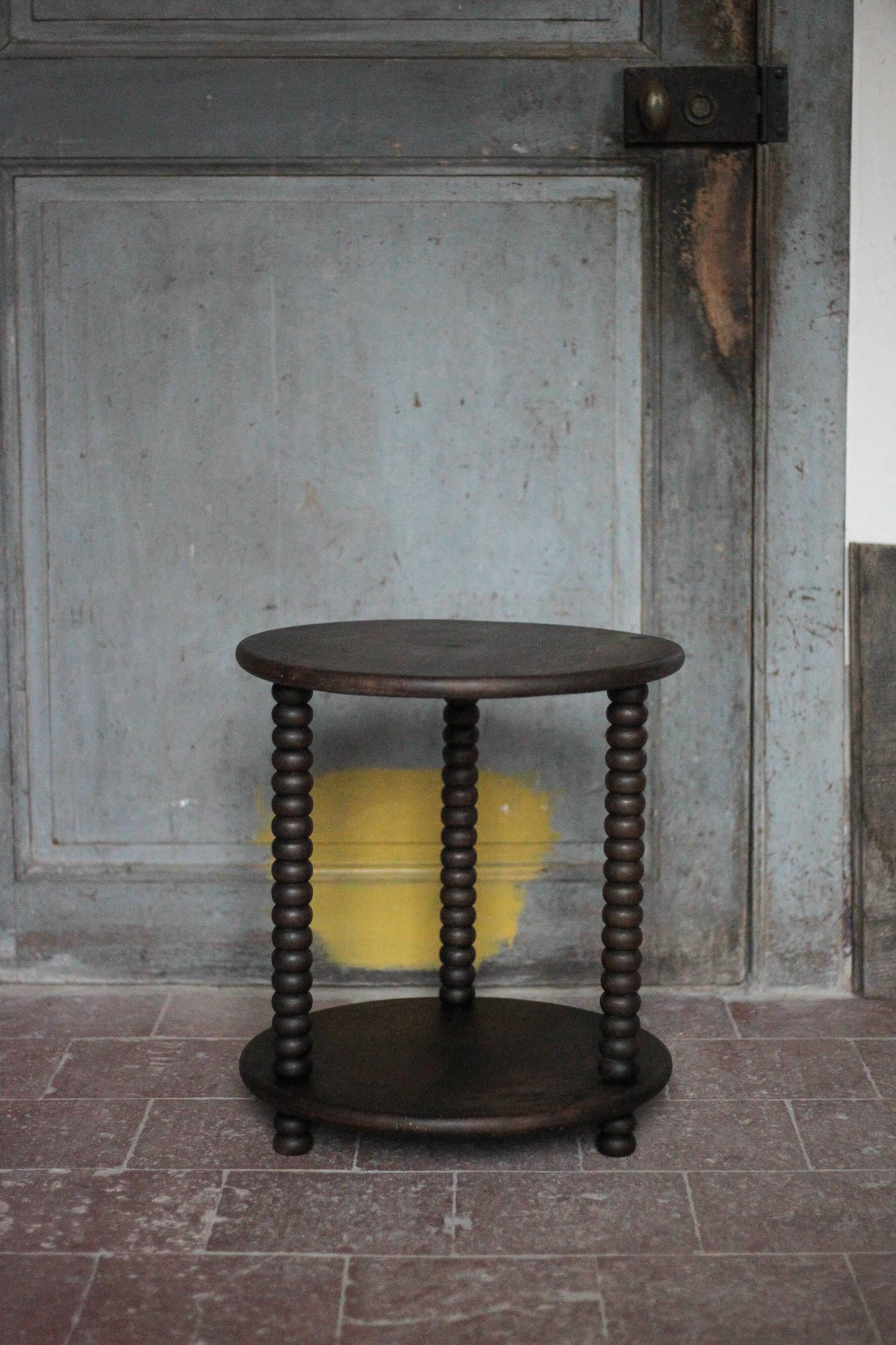 Turned wood coffee table, wooden side table, bedside table.