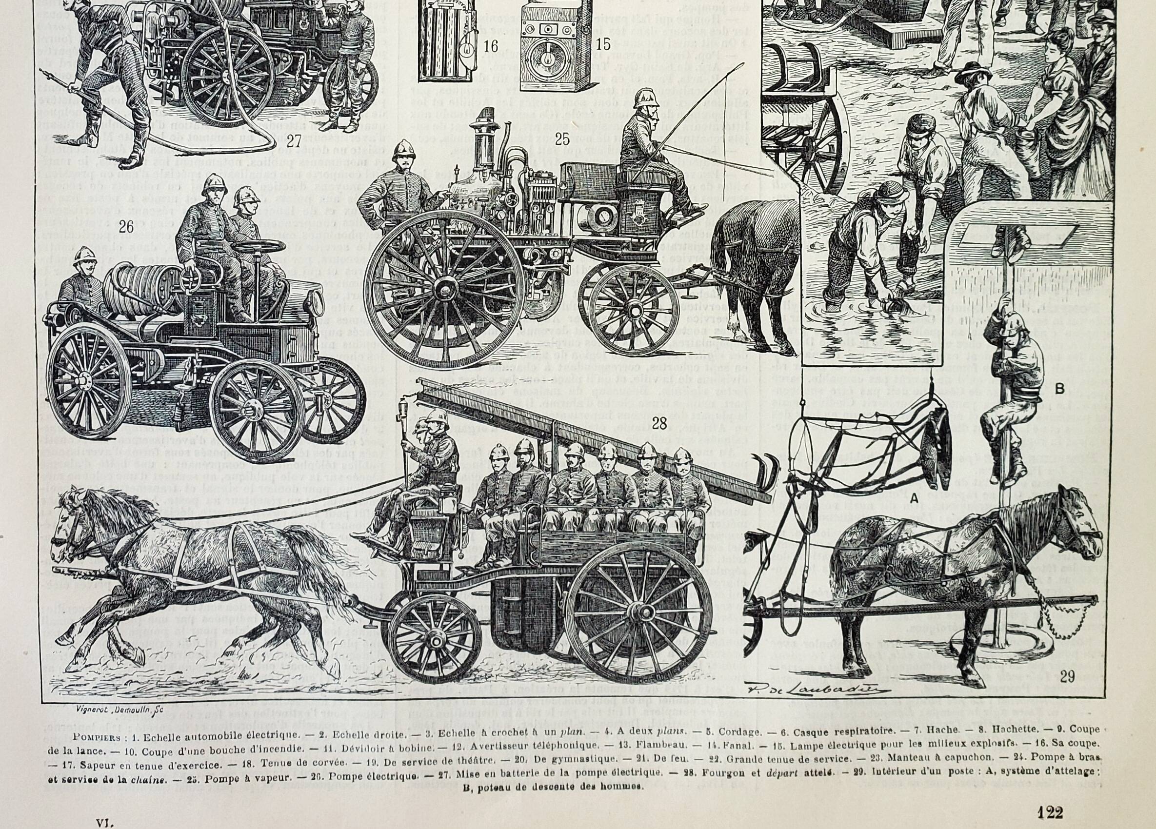 Old engraving 1898, Firefighter, ambulance, fire, rescue • Lithograph, Original plate