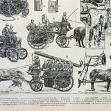 Old engraving 1898, Firefighter, ambulance, fire, rescue • Lithograph, Original plate
