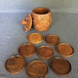 8 coasters and carved wooden box