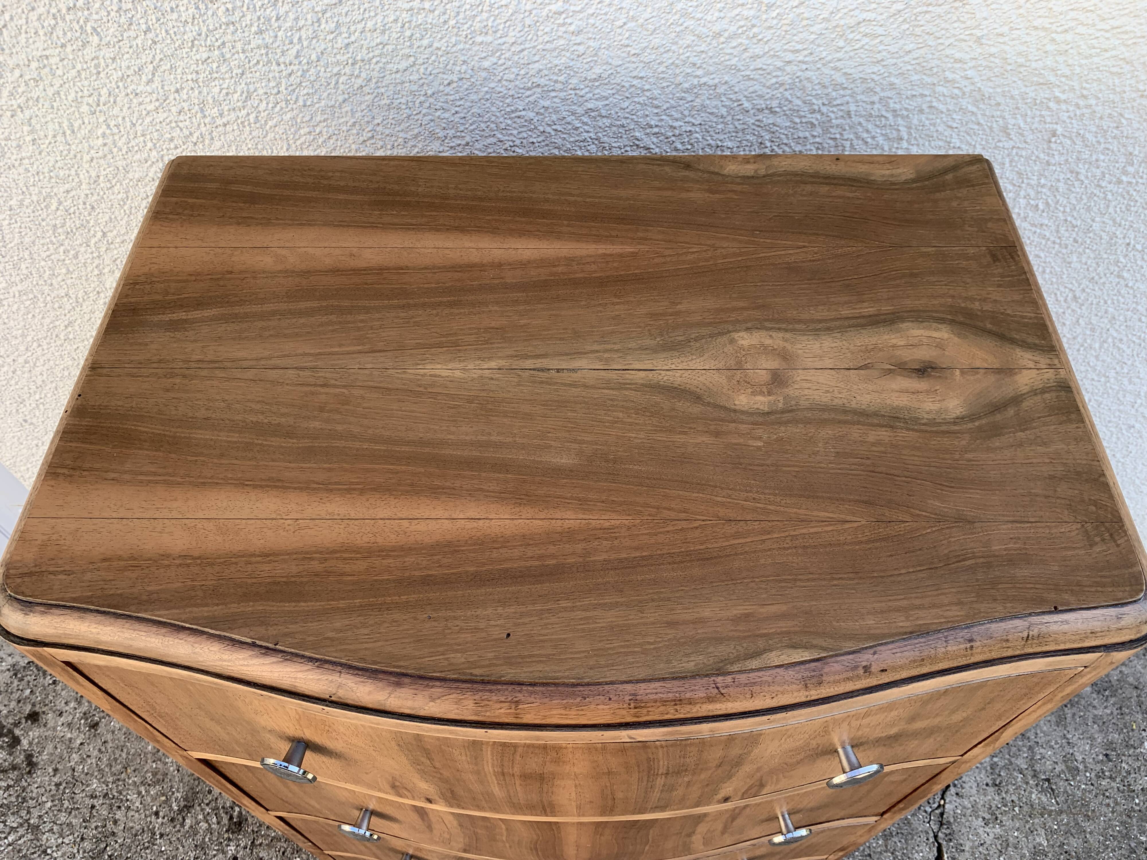High art deco chest of drawers with mustache feet in raw walnut, 1930s