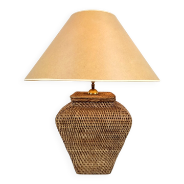 Large Hand Woven Wicker Rattan Table Lamp, France, 1970s