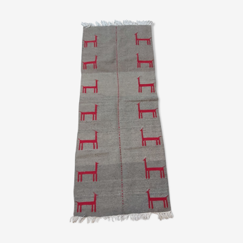 Kilim carpet in grey and red for hallway handmade in pure wool 190-75cm