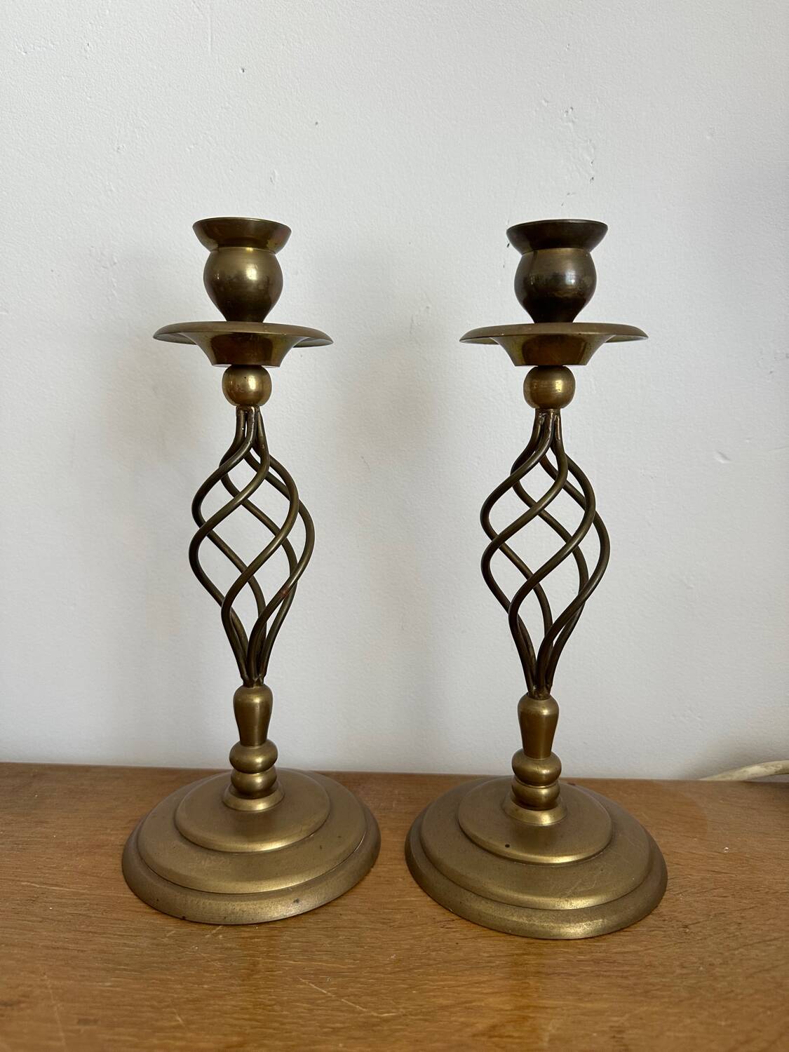 2 vintage twisted brass candle holders