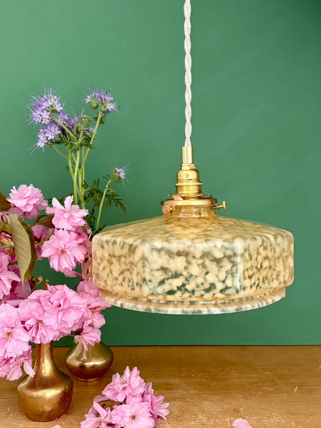 Vintage glass pendant light in yellow from Clichy