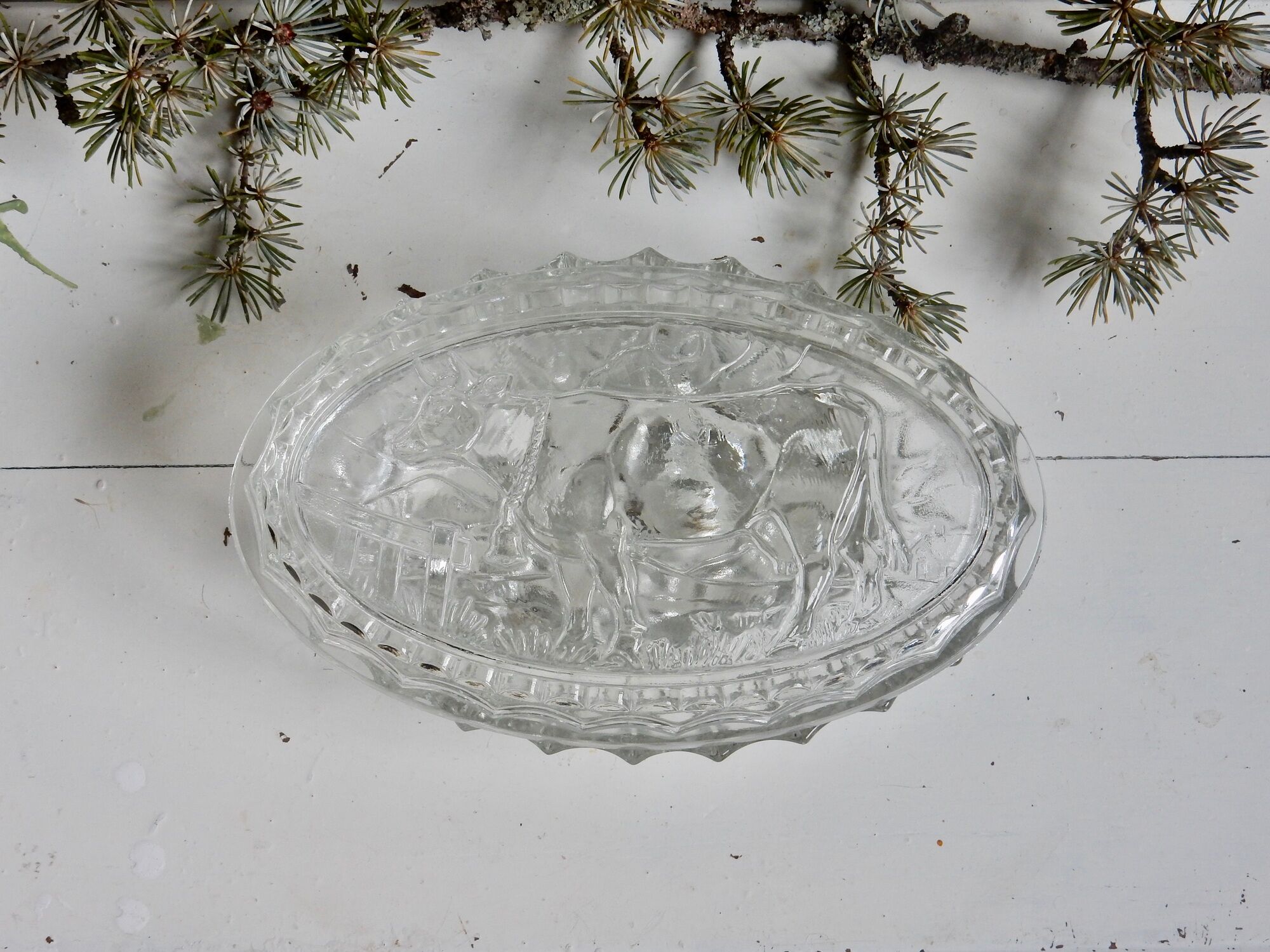 Glass butter with cow motif made in France