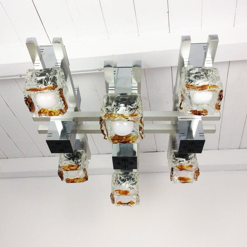 1970's cubic chandelier in chromed metal designed by Maison Sciolari for Mazzega