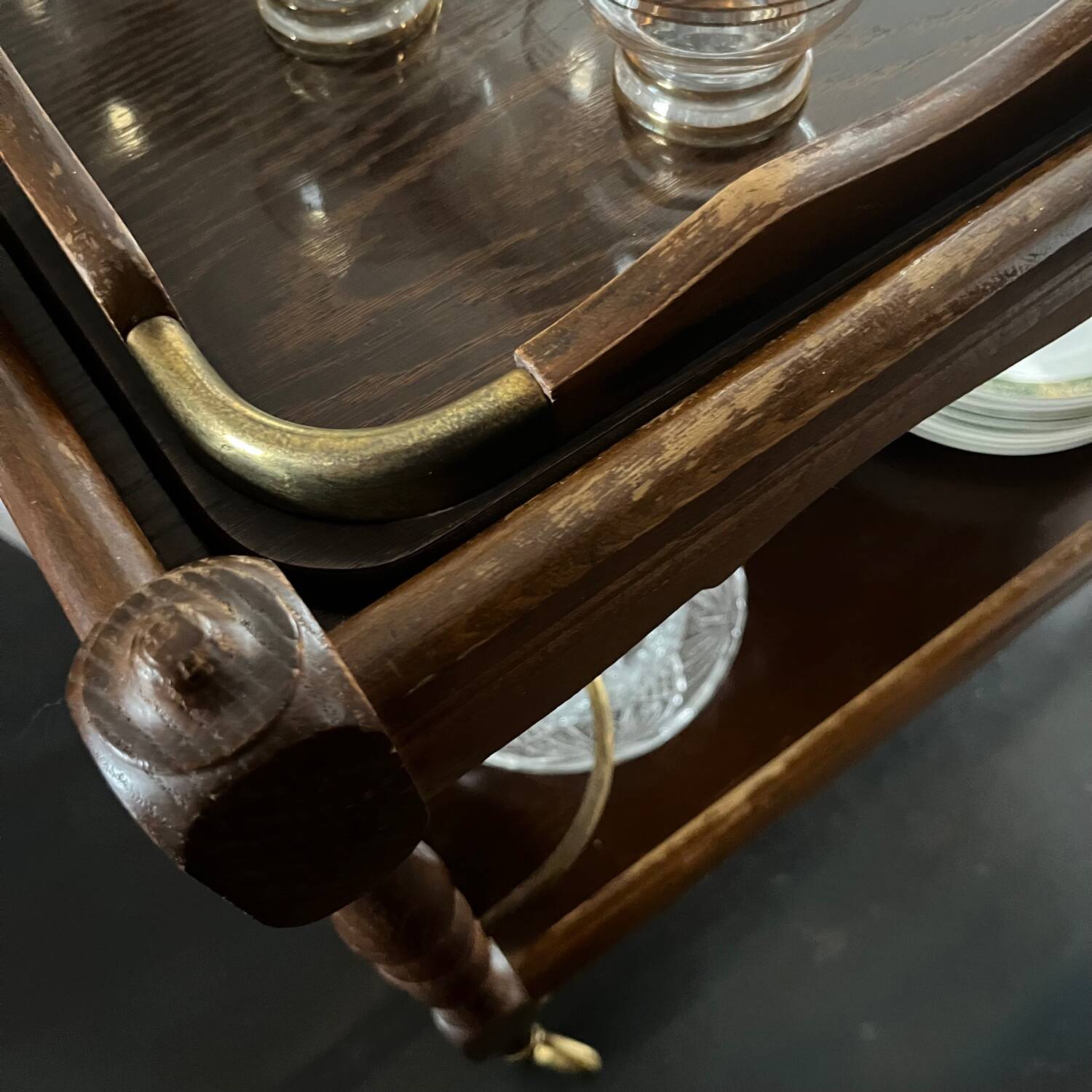 Wooden and brass rolling trolley