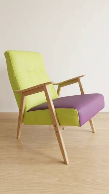 Pair of restored vintage armchairs, green and purple upholstery