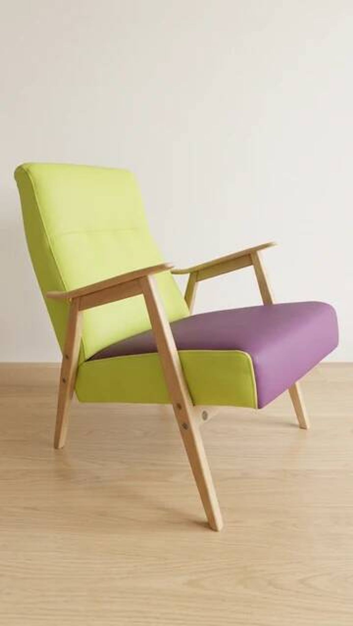 Pair of restored vintage armchairs, green and purple upholstery
