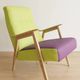 Pair of restored vintage armchairs, green and purple upholstery