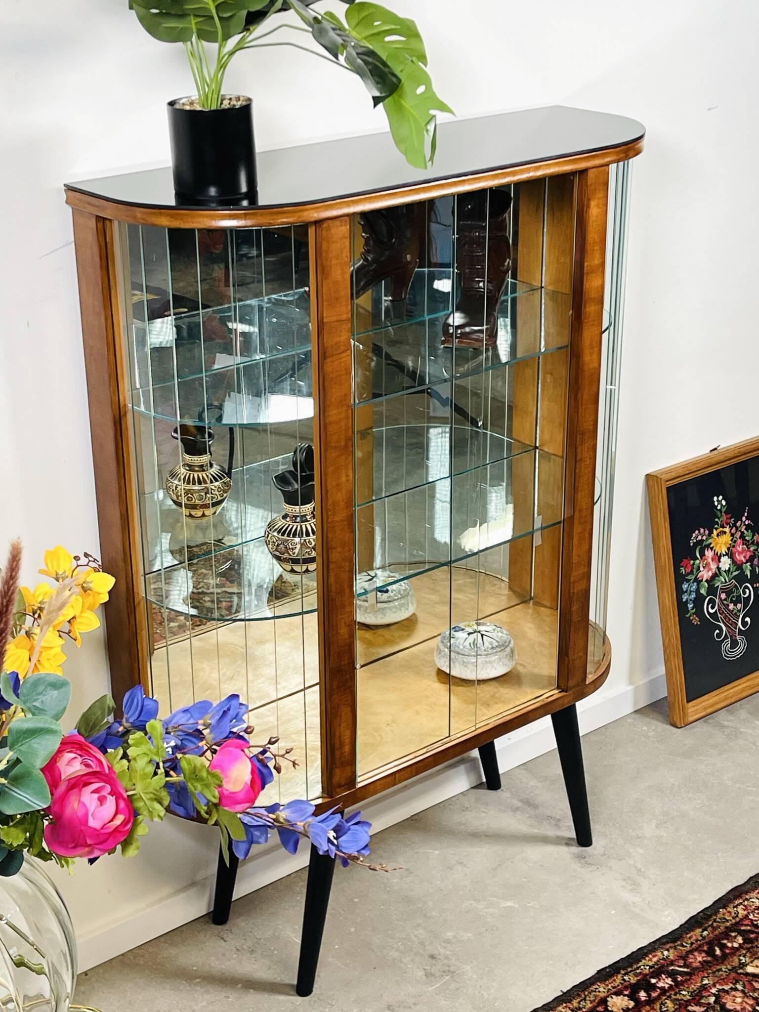 Art deco standing display case with glass slats