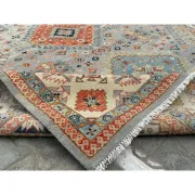 Modern Hand-Knotted Wool Area Rug for Living Room, Blue Geometric Medallion Design Carpet