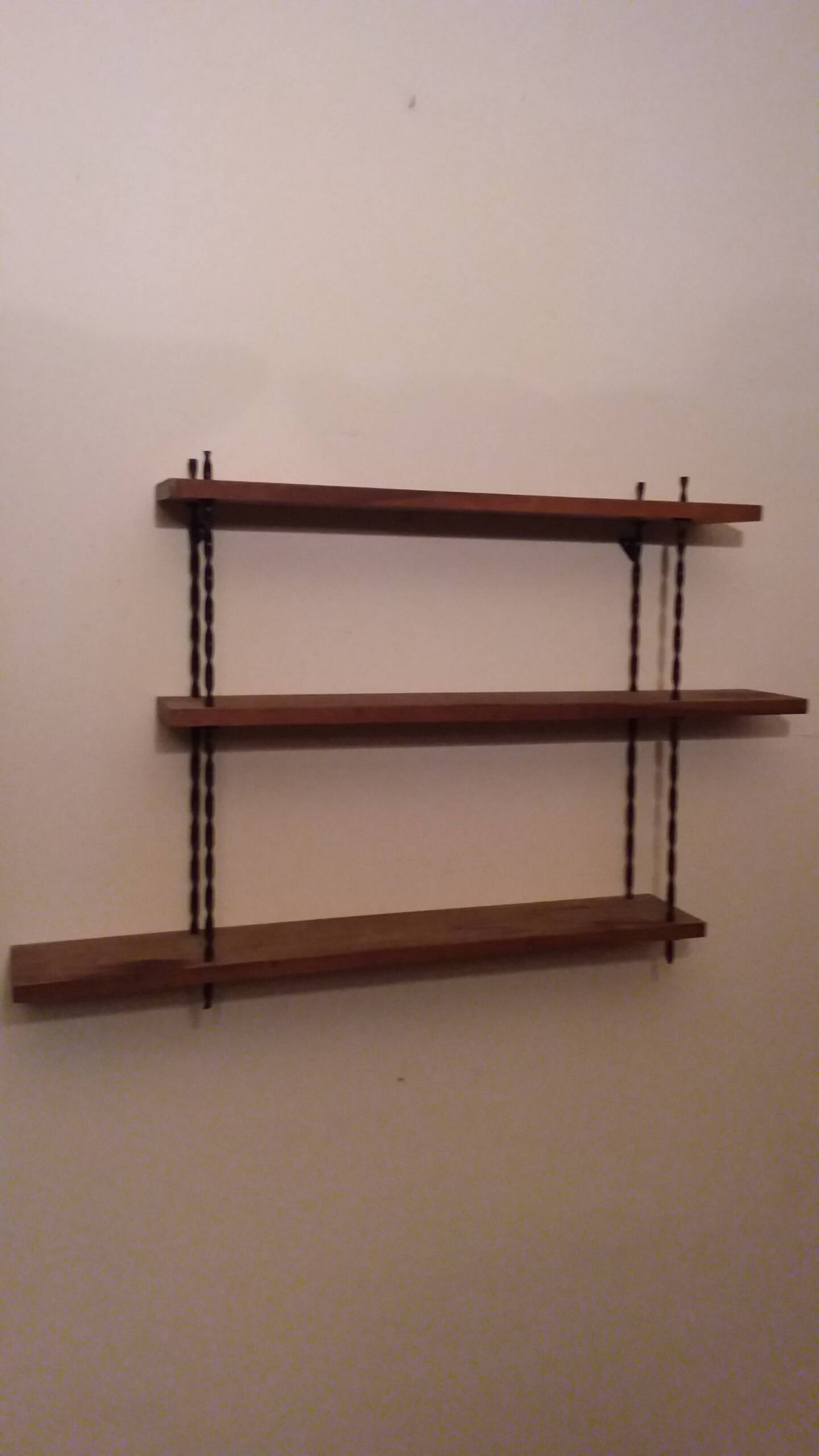 Vintage asymmetrical wall shelf in solid oak and metal from the 60s