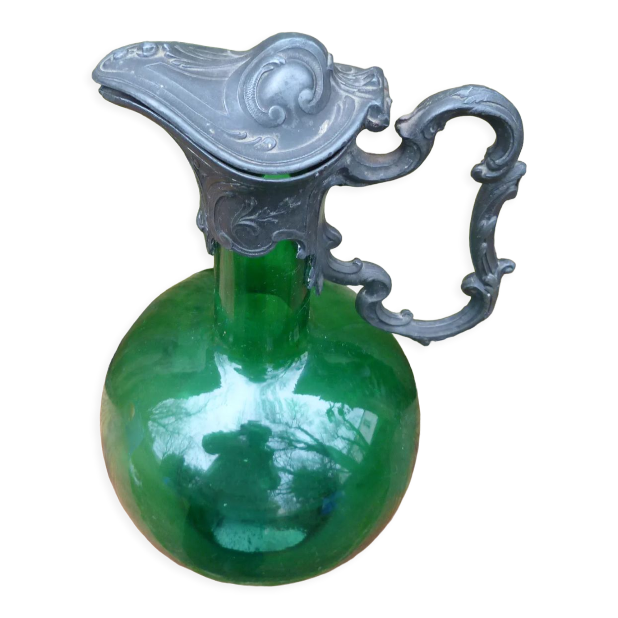 Napoleon III wine jug pitcher in souflé glass and pewter