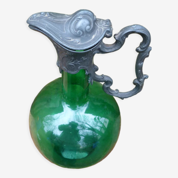 Pichet carafe à vin Napoléon III en verre souflé et étain